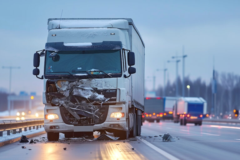 a truck with a damaged front end on highway