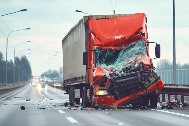 Red semi truck with broken windshield on highway under cloudy sky